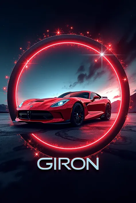 A cinematic logo INSIDE a Circle design for Importadora y Exportadora Giron, a sports car. a 3D RED CHROME sport CAR. At the bottom, the design uses blue, red, and white colors the logo inside a Circleand 3D rendering styles with Stars. The design features...