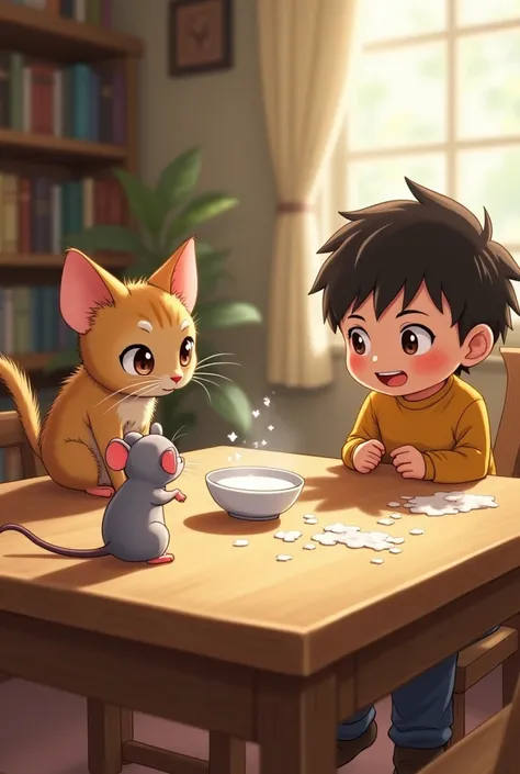 Scene:
The mouse gets greedy when it sees the milk bowl. Kouta is on the table and the cat is sitting down.
Conversation