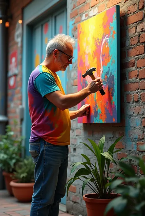 "A middle-aged man,  with a colorful t-shirt and worn jeans ,  a painting is hanging on an exposed brick wall .  He has an expression of concentration on his face as he holds a hammer in one hand and a nail in the other. Around you,  there are vibrant graf...