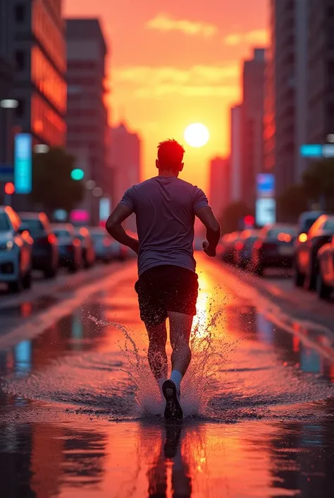 A boy running in streets of a beautiful city with water on the streets and being splattred during running. There is a sunset with a neon vibe. The boy is 26 years old and his back his towards the camera.