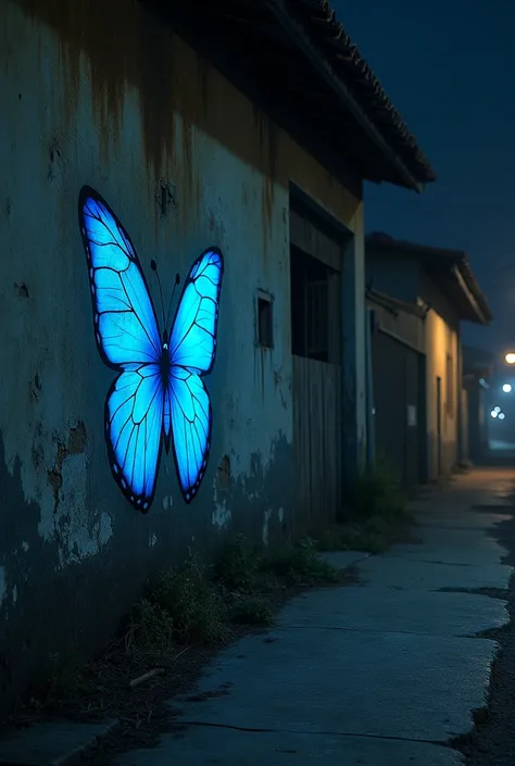 Take a picture of an old wall of a building ,  on this wall a butterfly painted in blue is painted.  the environment is dark because its nighttime, And there are more buildings on this street  