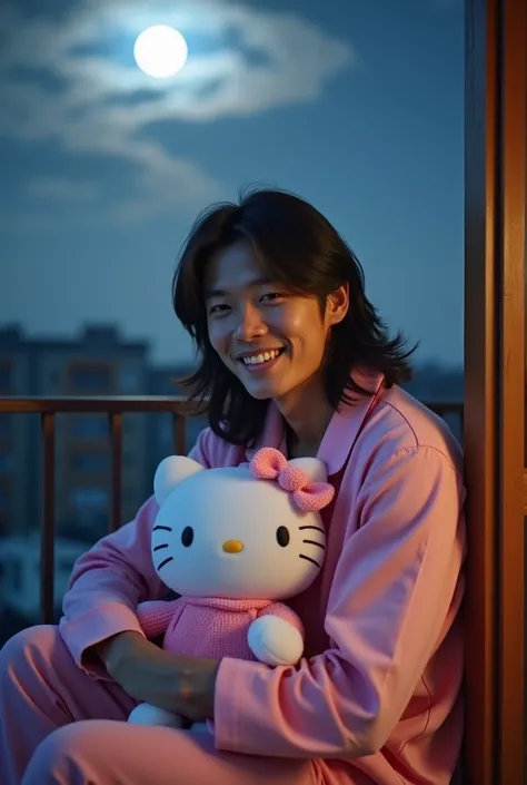 A handsome 28 year old Korean man, smilling, with long hair, looking at the camera, wearing a pink Hello Kitty pajamas, sitting on the balcony of his house, hugging a Hello Kitty doll, at night with moonlight covered by clouds, bokeh, HDR.