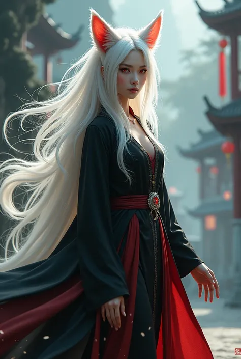 A kitsune Chinese woman with white hair and red eyes ,  wearing traditional Wuxia cultivator clothing in black and red colors