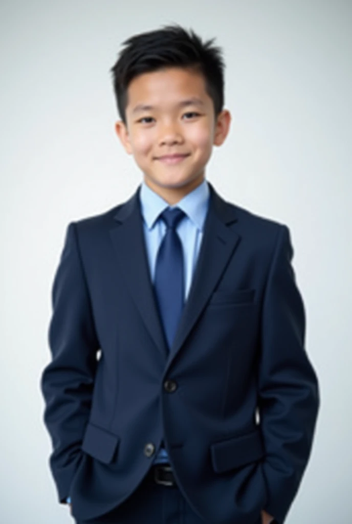 Generate a professional portrait of a young individual wearing a formal navy-blue suit, light blue shirt, and a matching navy tie. The background should be a clean and professional gradient transitioning from white to light grey, providing a subtle yet ele...