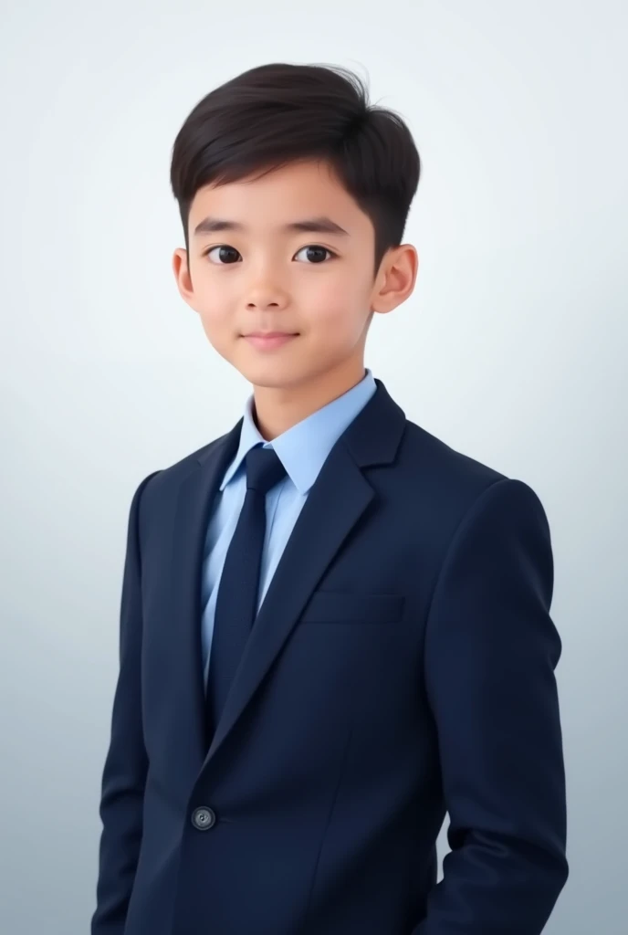 Generate a professional portrait of a young individual wearing a formal navy-blue suit, light blue shirt, and a matching navy tie. The background should be a clean and professional gradient transitioning from white to light grey, providing a subtle yet ele...