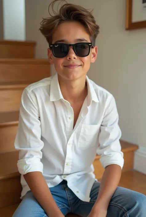  Handsome boy with sunglasses, , dressed in white and jeans sitting in front of the wall in a light brown wooden stairway（Bed staircase ）There is a picture on the wall 