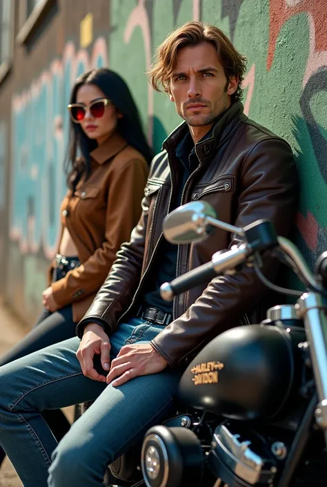 cover magazine, (best quality, 4k, 8k, high resolution, masterpiece: 1.2), ultra-detailed, (realistic, photorealistic, photorealistic: 1.37), a man, brown hair, wearing a leather jacket and jeans sitting on his big Harley Davidson motorcycle, portrait, hig...