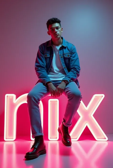 young man skinny sitting casually on the “NIX” name in large 3d text neon at the studio. dress him in trendy casual attire like jeans. White shirt, blue denim jacket, and jeans, paired with Dr. Martens shoes