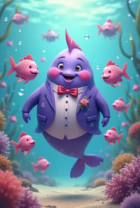 A purple fatty fish marry other pink fish in a perfect wedding environment 