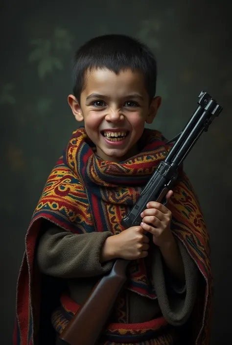 A boy with a macabre smile with an Andean poncho and a gun 
