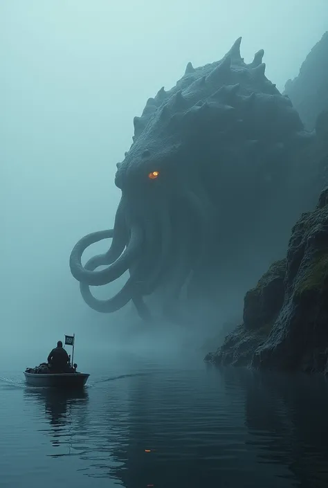 **Prompt:**  
A small fishing boat navigates through the misty waters of a Nordic fjord. The camera captures the eerie silence when suddenly, giant tentacles emerge from the depths, wrapping around a nearby rock formation. The creature pulls itself partial...