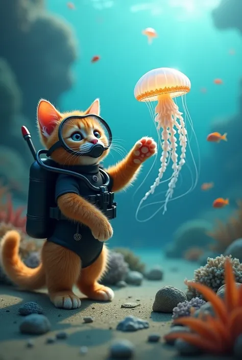 Generate a high quality 3D image: An orange cat wear black scuba diving costume and oxygen mask and touch by finger to the jelly fishes in underwater sea