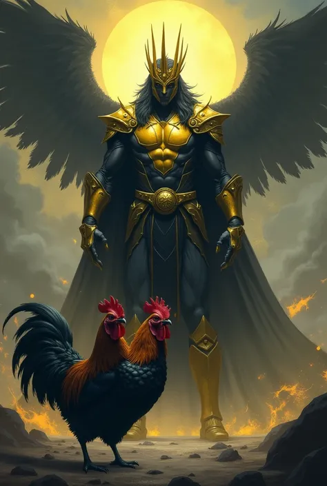 God aris in black and yellow uniform hunting a two head chicken