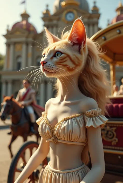  Make me a picture of a realistic cat with blonde dyed hair coming out of her horse-drawn carriage,  yes go to the royal palace cinderela , ya wearing a cinderela shirt ,  and hairstyle that resembles cinderela ,  her body posture is slim ,  yes wearing gr...