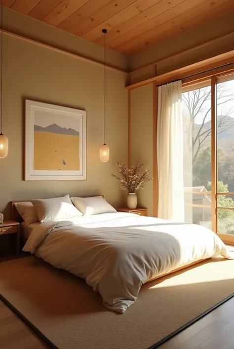 Japanese-style bedroom
Color :  highlights Earth Tone
Materials :  opt for natural materials such as bamboo, beech or cotton to create a warm and eco-friendly feel.
furniture:  Emphasize simple furniture such as low beds, Japanese tea tables, built-in lock...