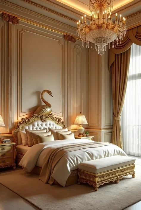 Give me a swan-shaped bedroom of the most expensive grand design on earth in gold and cream 