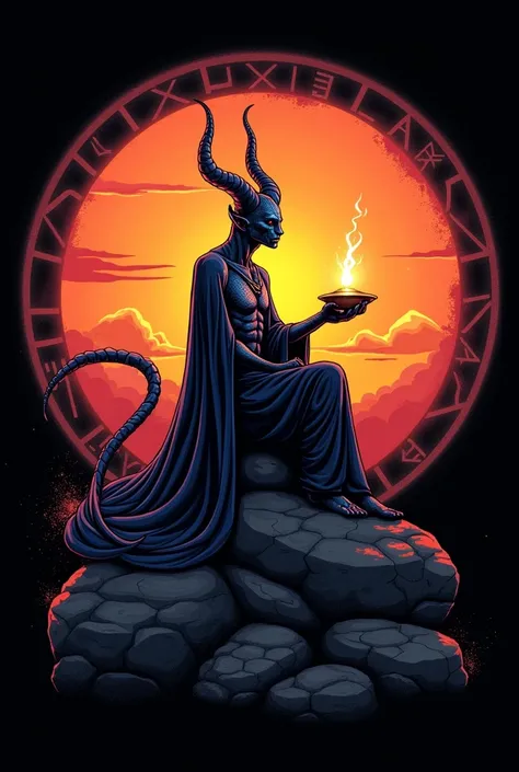  A Djinn sitting on a rock in a relaxed position, with a magic lamp,  in a circle ,  with black background and vector art style , in a vibrant and characteristic sunset, with detailed and sharp outline ,  like t-shirt logo in art style 