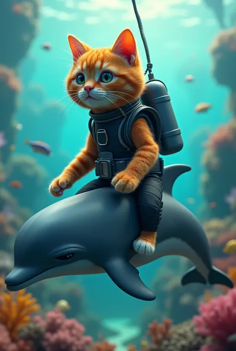 Generate a high quality 3D image: An orange cat wear black scuba diving costume and oxygen mask and sitting on the dolphins in underwater sea