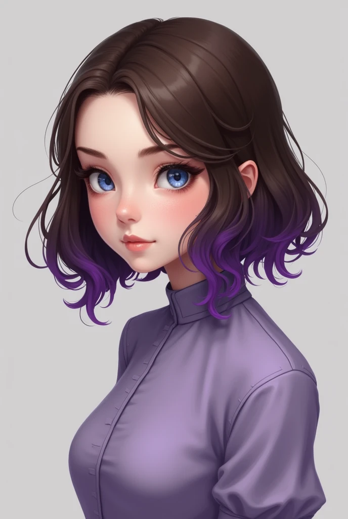  girl, brown hair, the tips painted purple, blue eyes, strong angled face, pure expression,innocent purple dress with neck up 