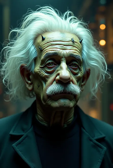 I need a realistic image that merges the character Frankesten with the scientist Albert Einstein in one person, Use more character elements