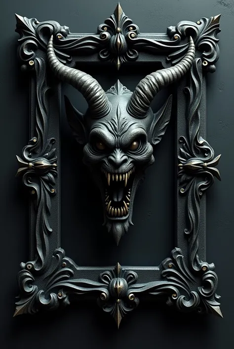 Create a picture frame 1080px x 1920px in Gothic Style, black, fire, demonic, satanic, dark fantasy, demon face 