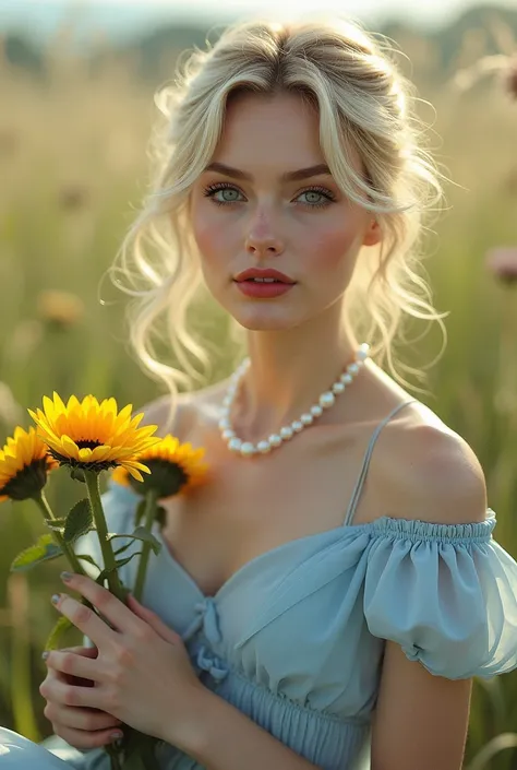  BLONDE WOMAN,  green eyes ,  light makeup with red lipstick , bun hairstyle with loose locks ,  light blue romantic Midi dress ,  pearl necklace,  little white shoe and bouquet with small sunflowers.