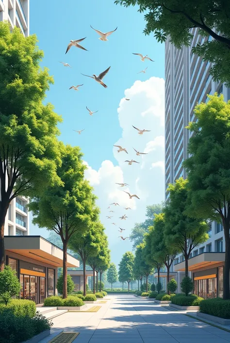 ((( masterpieces ))), ((( spikes: 1.4))), (( extremely resolution : 1.4)) , Large tree-lined condo paintings with views of nature and flocks of birds. Minimalist, upscale, modern convenience store and cafe. 