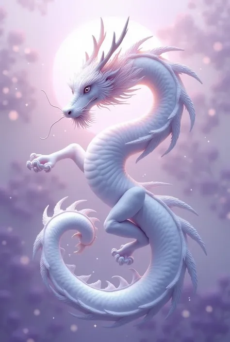 Lilac background ,  image of a white Chinese dragon, taiji symbol 