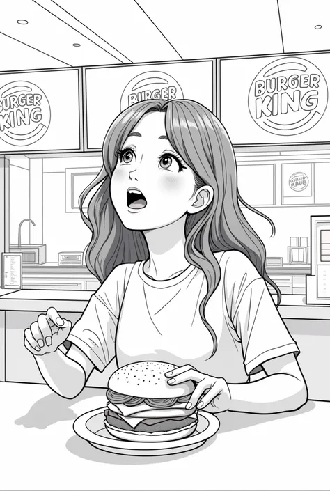  the young woman is inside Burguer King and is amazed by the breakfasts there are, Order breakfast , Just black and white lineart