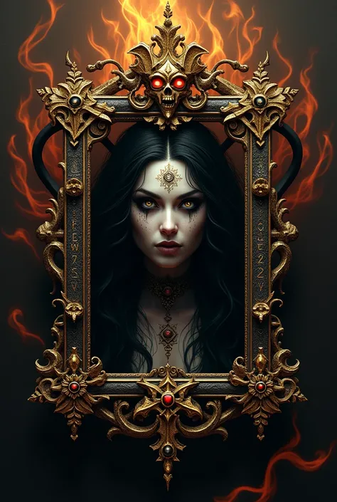 Create a demon picture frame 1080px x 1920px in Gothic Style, fire, satanic, dark fantasy, gold inlay, lilit face inlay