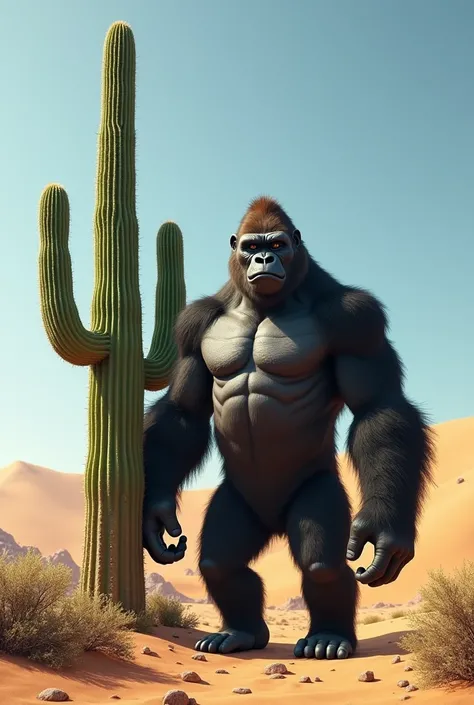 Gorilla and a big, cactus with background of desert in one frame. 