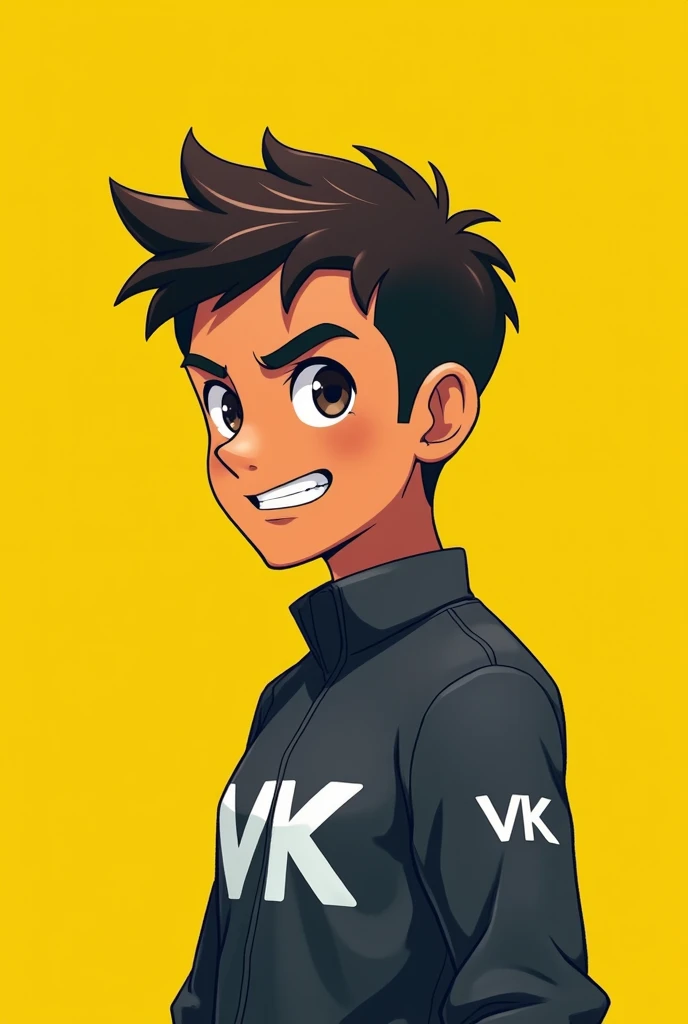 Make  a anime boy simple tech related 
With yellow background  simple hairstyle india style 
 hair 
Smile face 
Tech cloth writing in text vk 
Techy mod
 25 year old boy  
 Look straight 
Light brown colour face
Look 
Anger
No chumu face
Face make round , ...