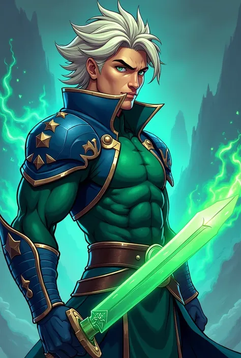 a cartoon close up of man with a green and blue outfit holding a sword, human and dragon fusion, as a badass monster hunter, epic mage man character, katana zero video game character, valkyrie style character, muscle body, arcane art style, epic katana sty...