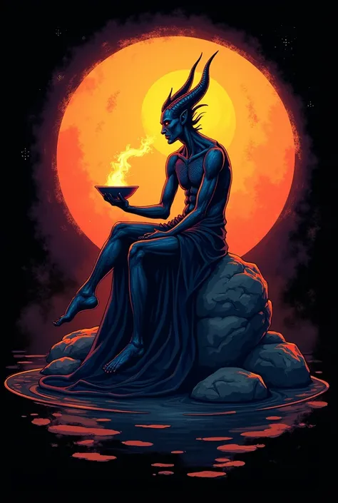  A Djinn sitting on a rock in a relaxed position, with a magic lamp,  in a circle ,  with black background and vector art style , in a vibrant and characteristic sunset, with detailed and sharp outline ,  like t-shirt logo in art style 