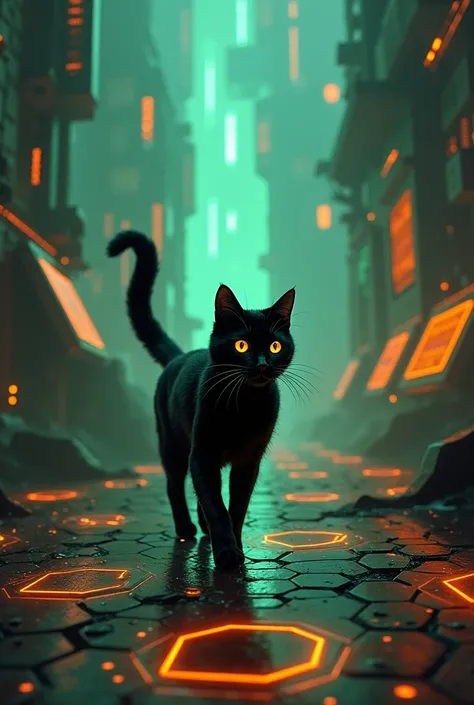 scify, darkfantasy, black cat with illuminated tail, gamified environment, black hex #2b2b2b, orange #f18713, green #9ff04F