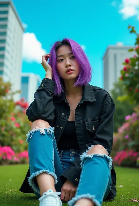 original photo.  full body of an Asian woman ,  purple color hair facing the camera ,  wears black jeans jacket . Elana ripped blue jeans , white shoes,  is sitting in the garden  ,  city background and very 8ndah sky,  and in the photo reads the sentence ...