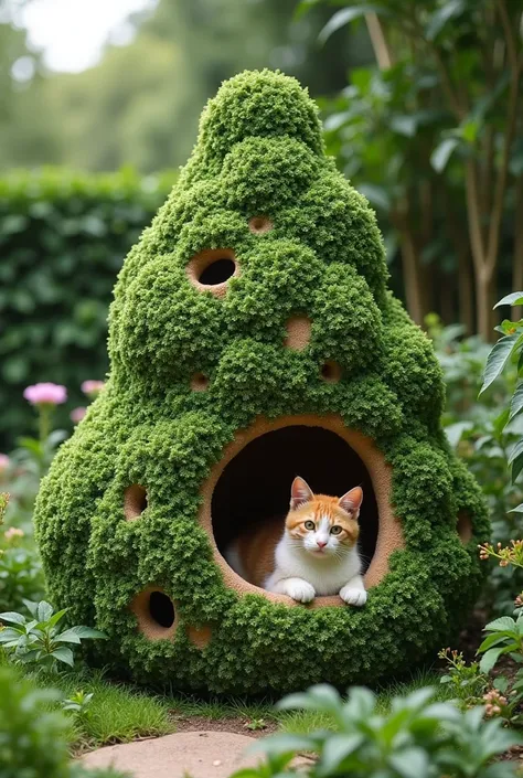 generate me a design cat house in the shape of a garden bush