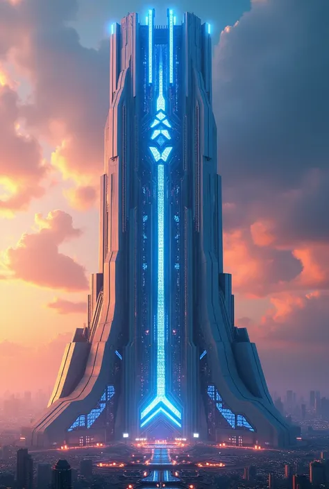 (photorealism:1.2), beautiful palace skycraper, technological, aggressive design, (((angelica sword and Blue fire themed)))), Orange and Blue, masterpiece,friezes and decourations, uhd, 8 k, cyberpunk 