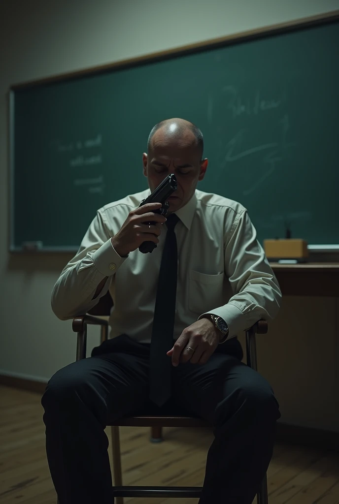 The same teacher sits in the chair and holds the gun to his mouth