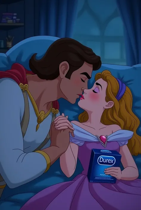   story of Sleeping Beauty ,  but you reverse the roles
That the prince is sleeping and she is giving him a kiss and the girl I have some Durex condoms in my hand, The story that is similar to the cartoons 