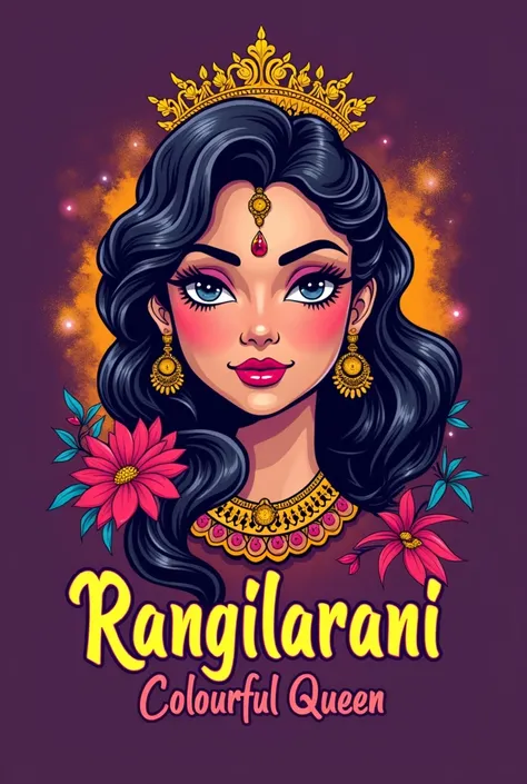 Create a unique design with the name Rangilarani in a slight Hindi-style font, using a color combination of Tyrian purple, royal burgundy, and cyber yellow. Below the name Rangilarani, write Colourful Queen in a smaller size and colorful font