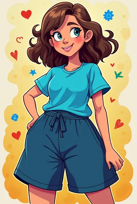 Cartoon of wavy brown hair with blue t-shirt and huge dark blue shorts 