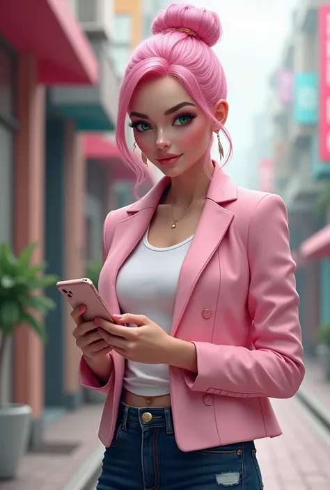 , adult, pink hair in the shape of a bun, pink jacket, dark blue jeans,  green eyes ,  cell phone in hand , white sneakers