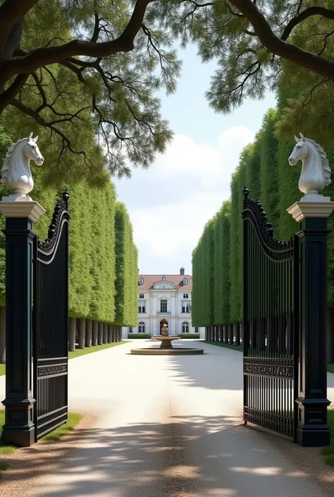  an imposing gate .  It is black , Ornately decorated and white horse heads rise up on the left and right.  behind them is an avenue .  The trees are big and thick and gnarled .  There are a couple of cars in small parking bays .  At the end of the avenue ...