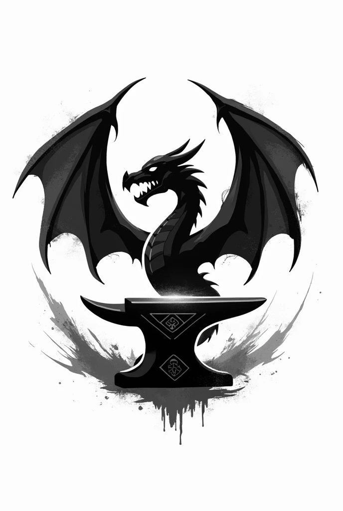 Create a monochrome logo that has anvil, dragon elements and brushes and in the center D&D stands out more the anvil and the brushes, the more stylized and profiled dragon defines the anvil and wings of the surrounding dragon more. 