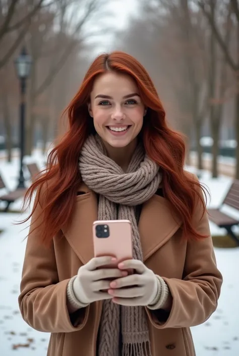  A young woman with European features ,  white skin and wine-red hair long and smooth like a waterfall ,  taking a selfie in a park during cold weather .  The girl has a beautiful warm and natural smile .  She is dressed appropriately for the weather ,  we...