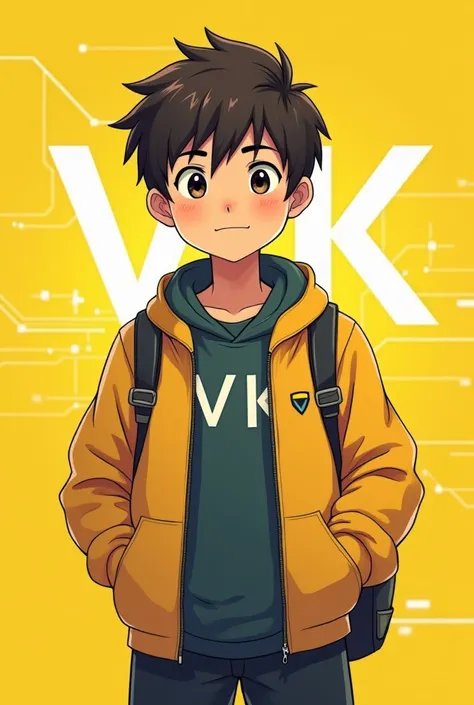 Make  a anime boy simple tech related 
With yellow tech background  simple hairstyle india style 
 hair ,Smile face ,Tech cloth writing in text vk 
Techy mod
 25 year old boy  
 Look straight 
Straight  
Tech hair design 
 
Light brown colour face
Look 
An...