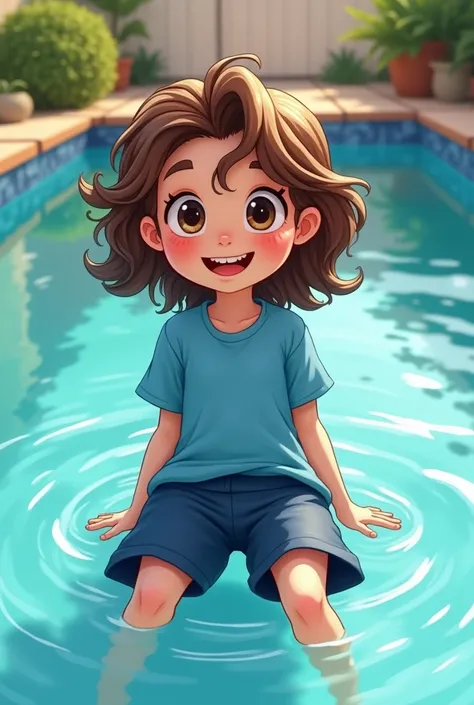 Cartoon of wavy brown hair with blue t-shirt and huge dark blue shorts sitting in a pool of water 