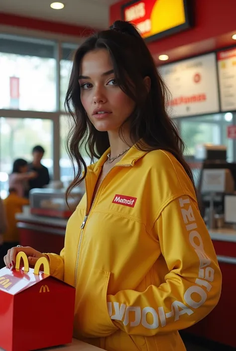 a woman sitting on a couch drinking a drink, female streetwear blogger, megan fox as a mcdonalds cashier, wearing a track suit, eating inside mcdonalds, mcdonalds interior background, demna gvasalia, mcdonalds, she is wearing streetwear, woman in streetwea...