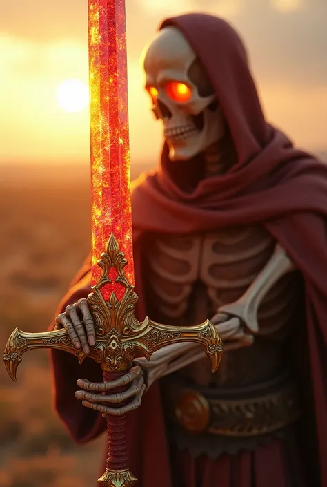 Make a close up of a ruby sword with gold staring at the sun with a skeleton thath is dead down holding it with a gold glance sayng youve got 1 trillion aura
